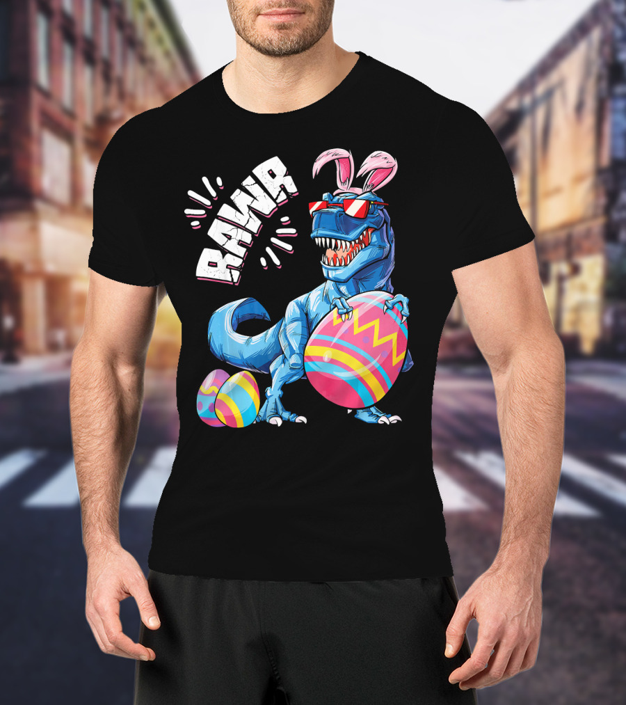 RAWR Easter Bunny Dinosaur T-Rex With Colorful Eggs T-Shirt