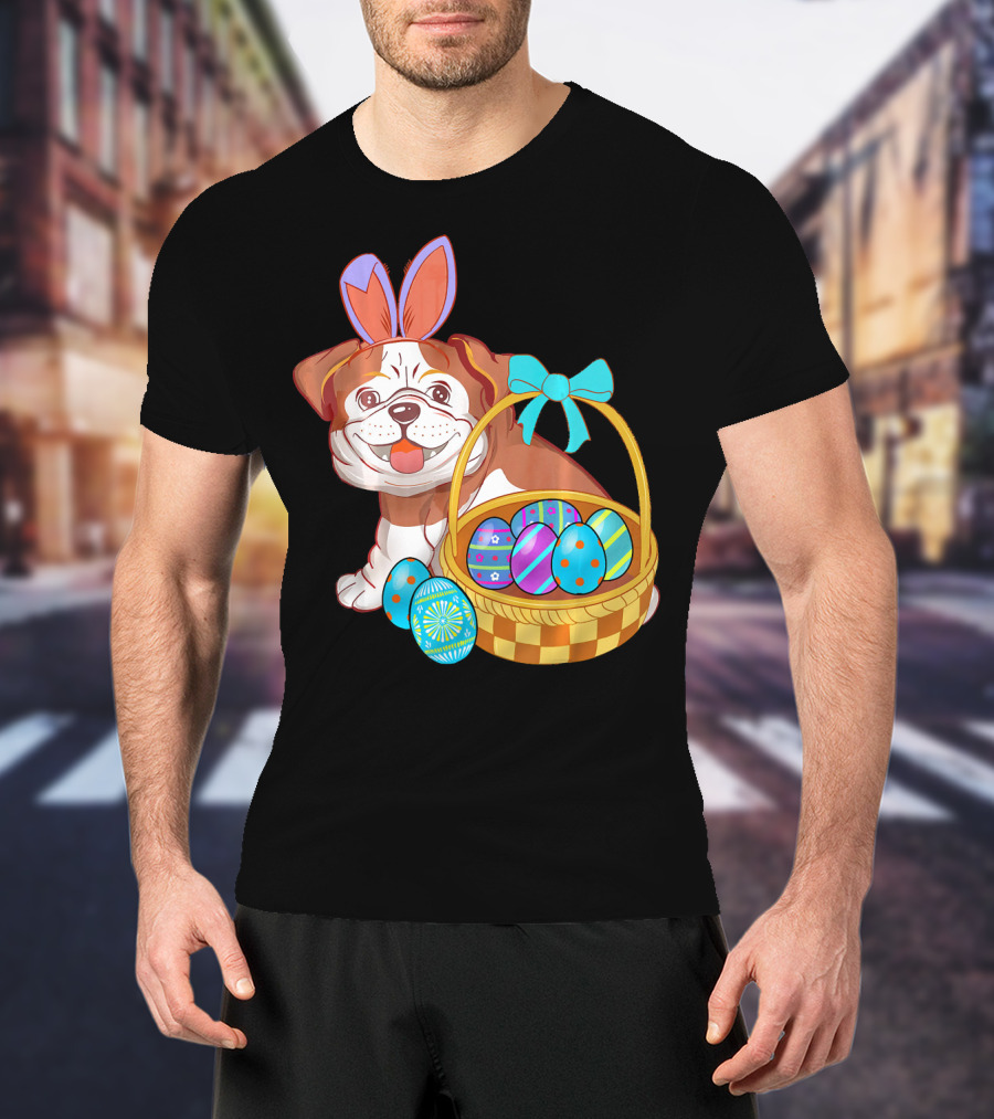 Easter Bulldog Holiday Bunny Ears With Easter Egg Basket T-Shirt
