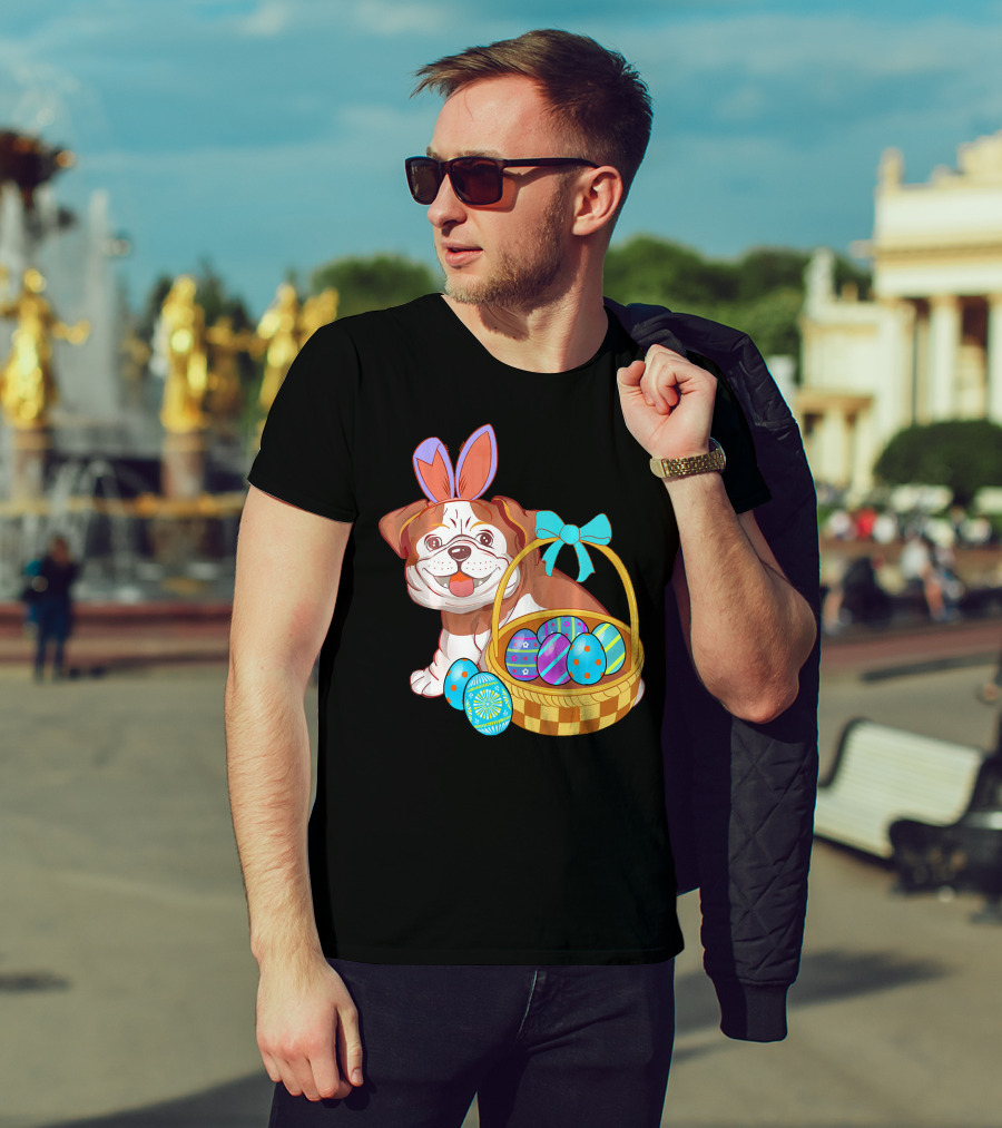Easter Bulldog Holiday Bunny Ears With Easter Egg Basket T-Shirt