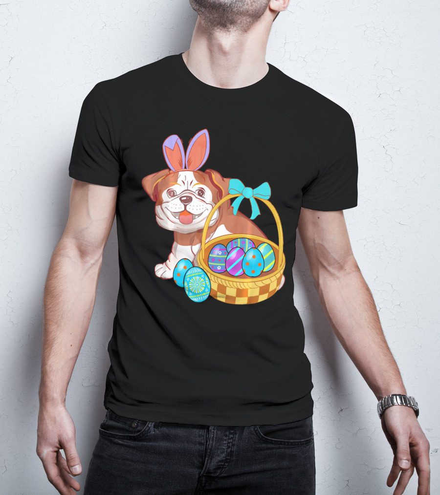 Easter Bulldog Holiday Bunny Ears With Easter Egg Basket T-Shirt