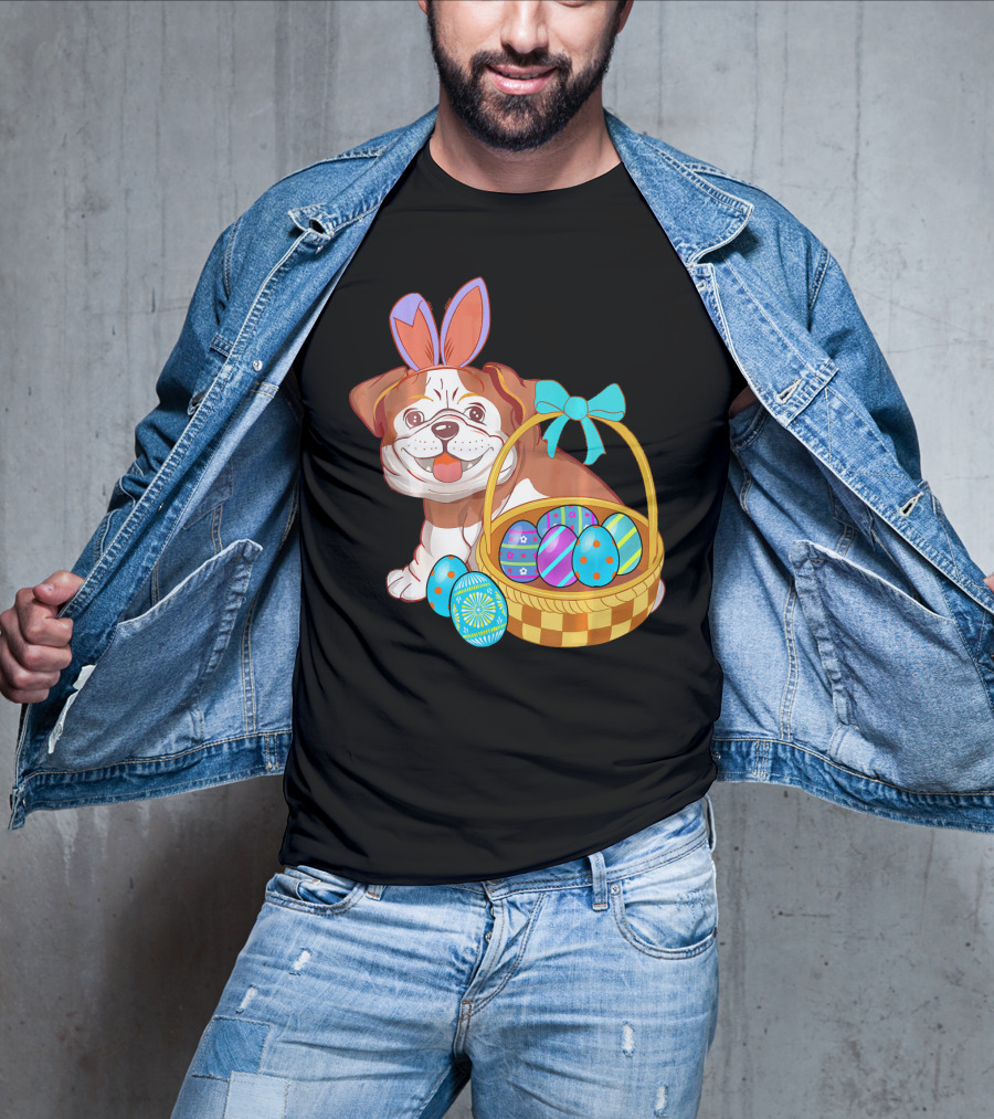 Easter Bulldog Holiday Bunny Ears With Easter Egg Basket T-Shirt