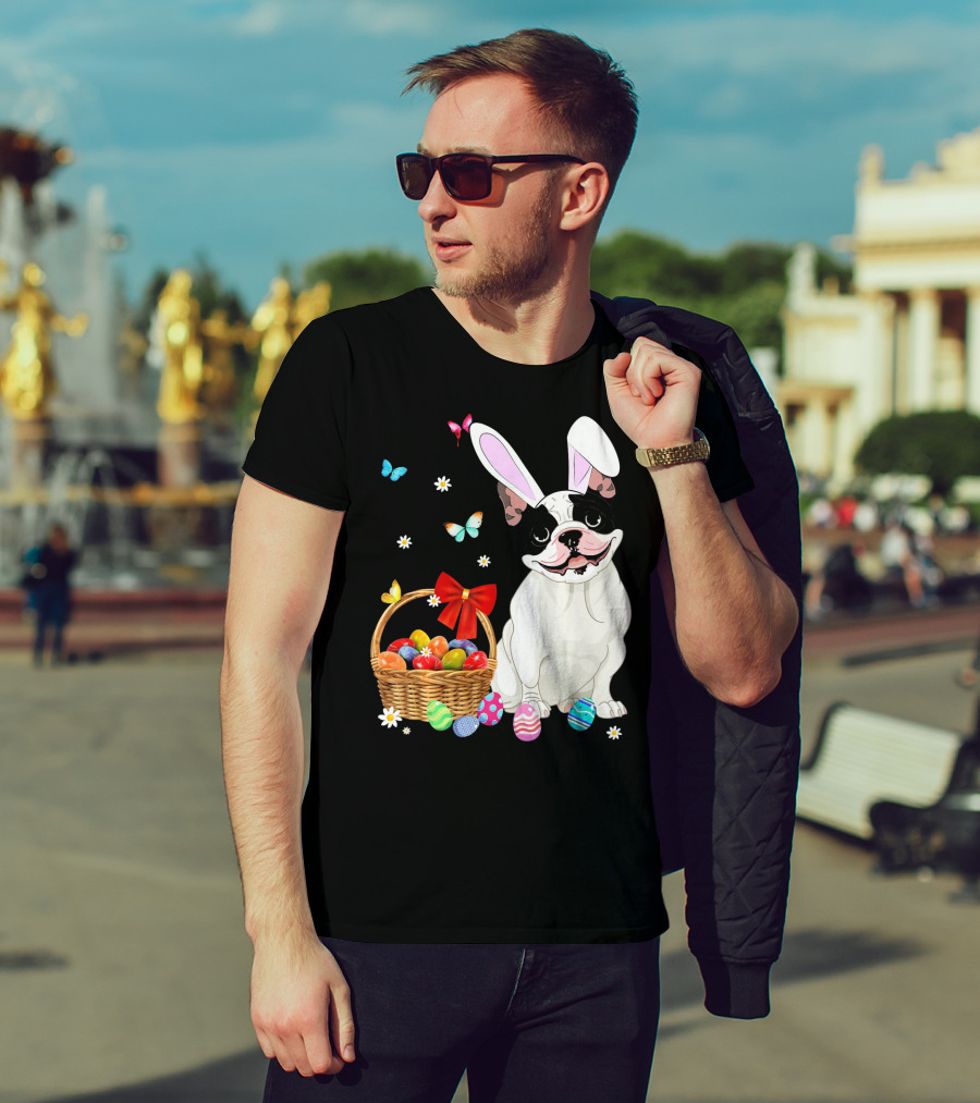 French Bulldog With Bunny Ears And Easter Egg Basket With Butterflies And Flowers T-Shirt