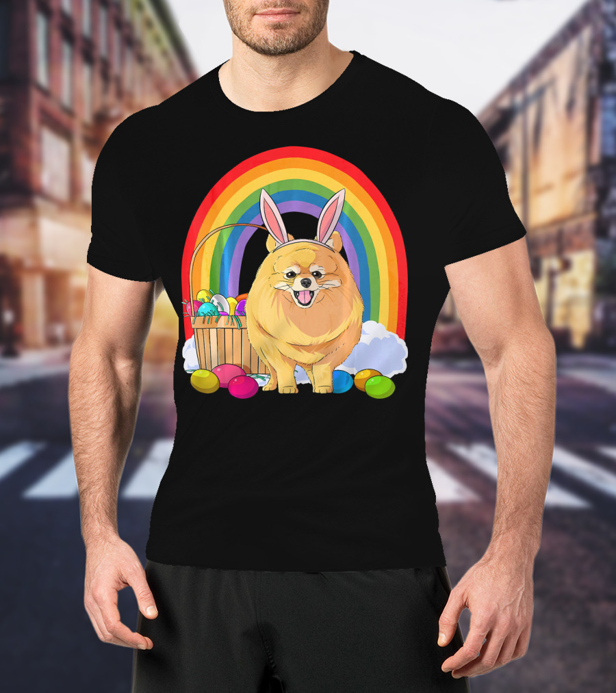 Easter Eggs Pomeranian Bunny Dog Rainbow Basket T-Shirt