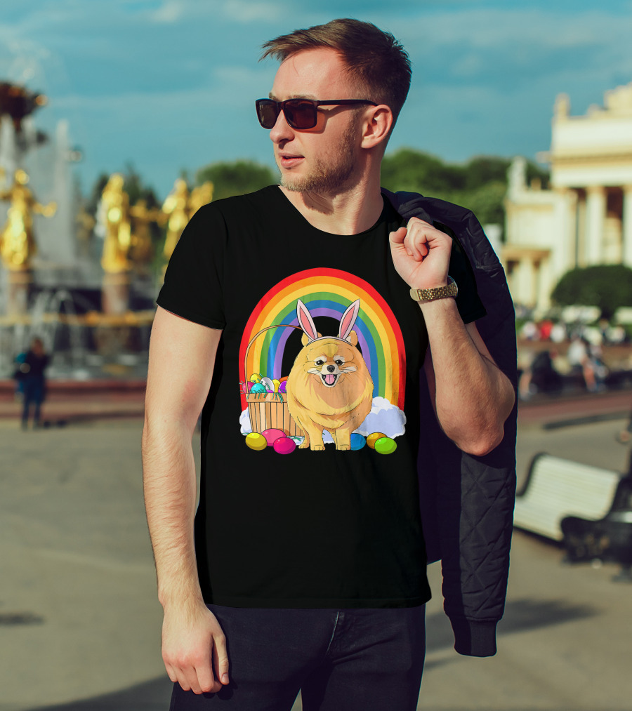 Easter Eggs Pomeranian Bunny Dog Rainbow Basket T-Shirt