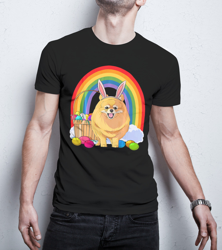 Easter Eggs Pomeranian Bunny Dog Rainbow Basket T-Shirt