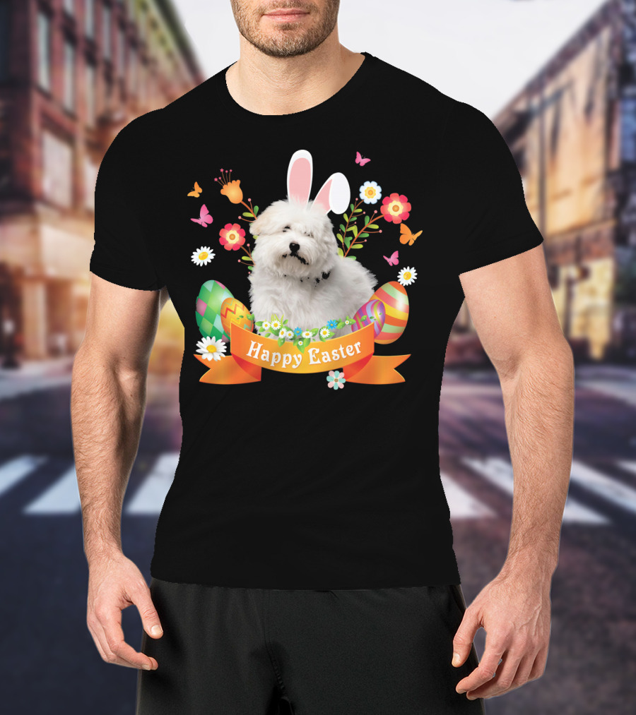Happy Easter Bunny Coton De Tulear Dog With Eggs And Flowers T-Shirt