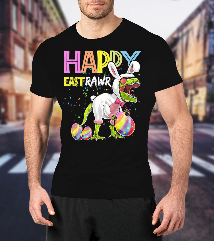 Happy Eastrawr Dinosaur Bunny With Eggs And Confetti T-Shirt