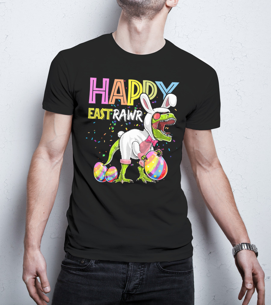 Happy Eastrawr Dinosaur Bunny With Eggs And Confetti T-Shirt