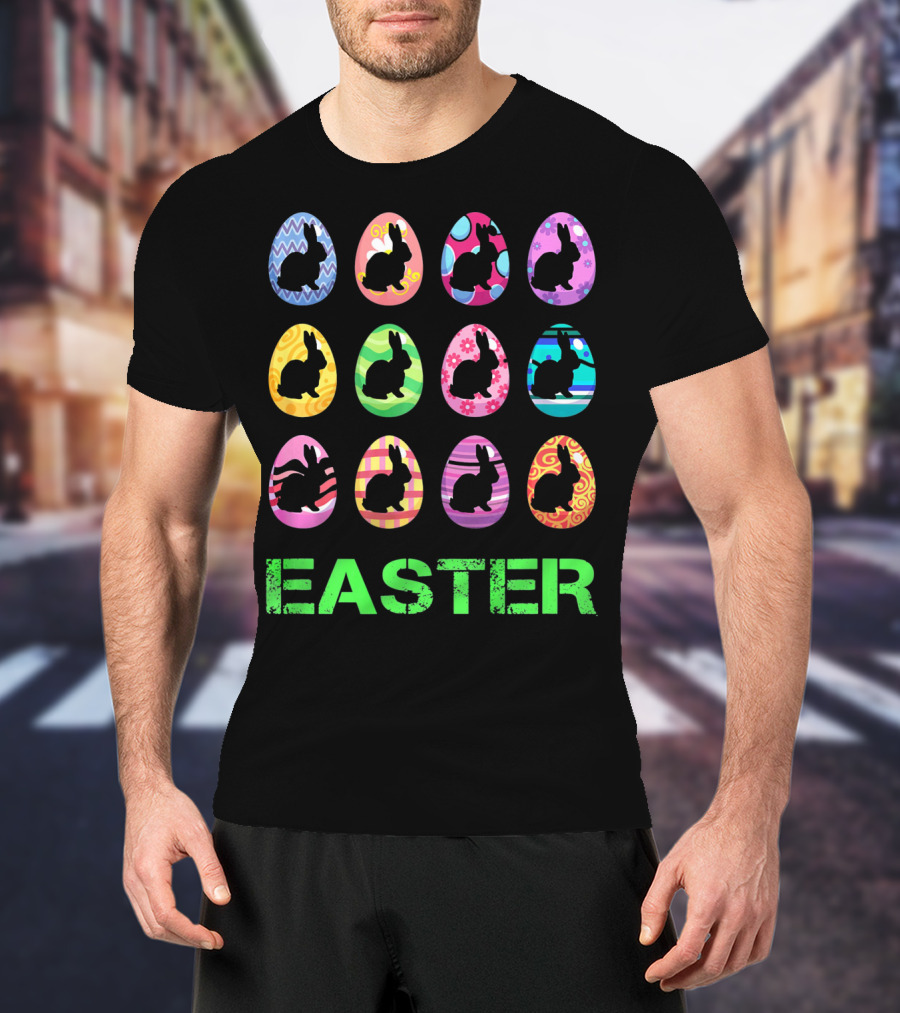 Easter Bunny Rabbit Egg Silhouettes With Colorful T-Shirt