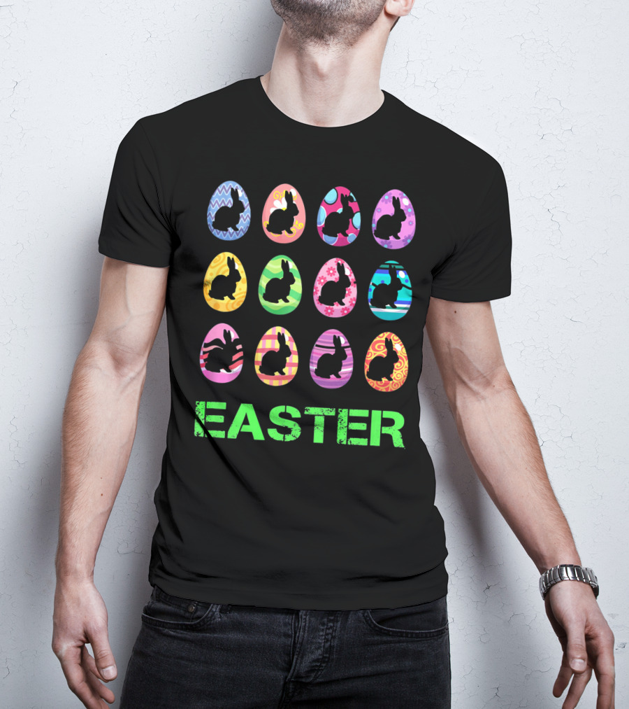 Easter Bunny Rabbit Egg Silhouettes With Colorful T-Shirt