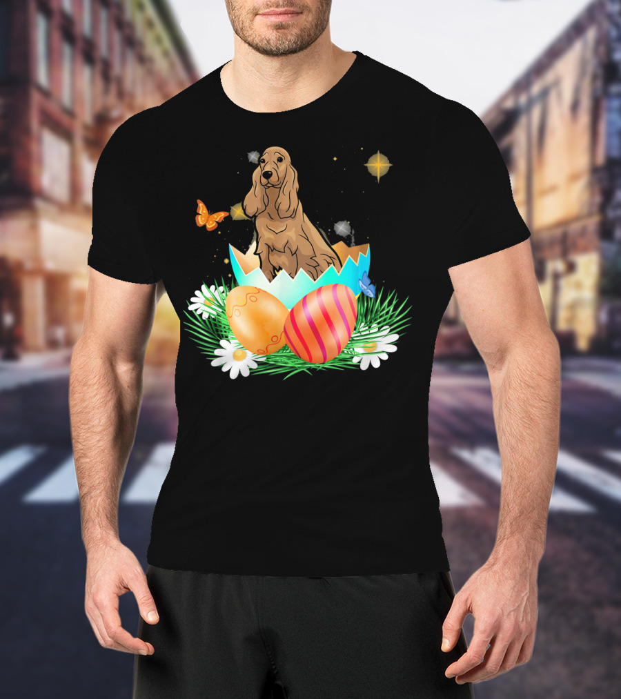 Easter Day Cocker Spaniel In Egg With Butterflies And Daisies T-Shirt