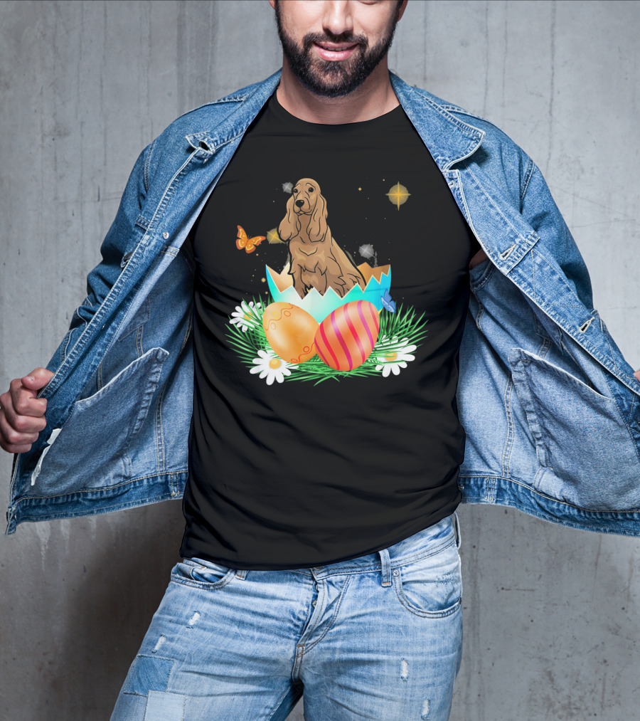 Easter Day Cocker Spaniel In Egg With Butterflies And Daisies T-Shirt