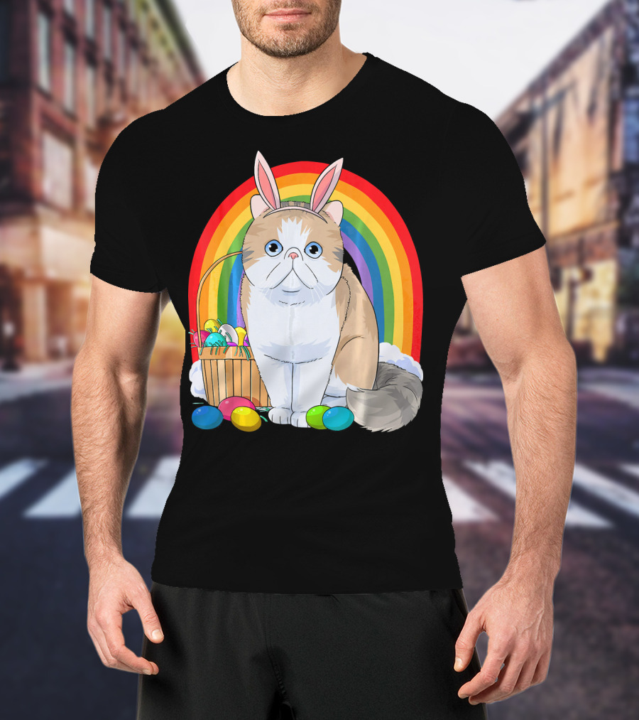 Exotic Shorthair Cat Bunny With Easter Eggs In Front Of Rainbow T-Shirt