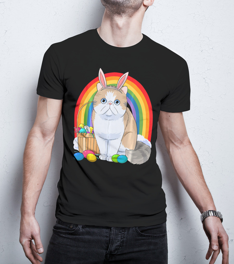 Exotic Shorthair Cat Bunny With Easter Eggs In Front Of Rainbow T-Shirt