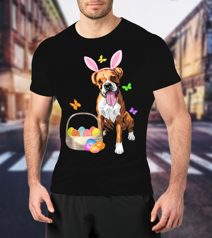 Girls Happy Easter Bunny Boxer Dog With Easter Eggs And Butterflies T-Shirt
