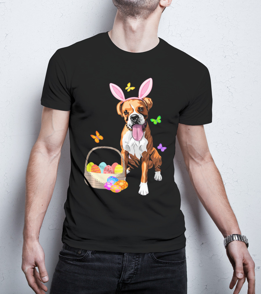 Girls Happy Easter Bunny Boxer Dog With Easter Eggs And Butterflies T-Shirt