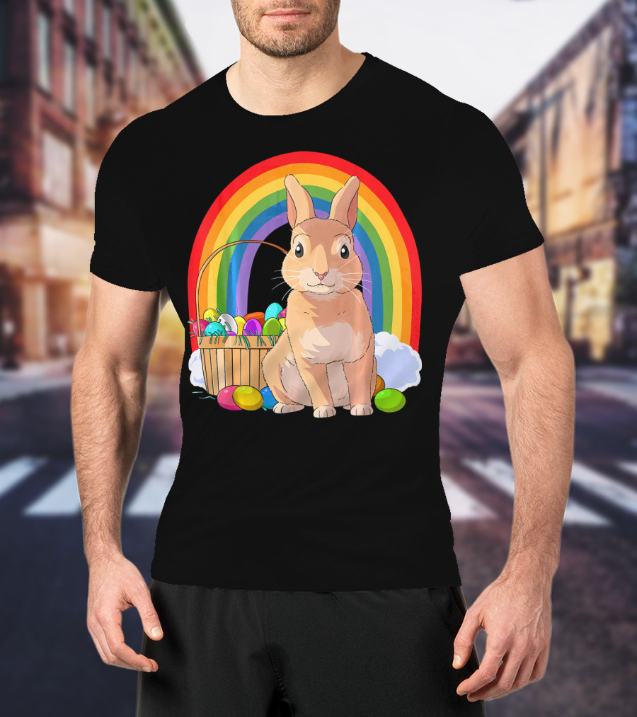 Bunny Rabbit With Easter Eggs And Rainbow For Kids Easter T-Shirt