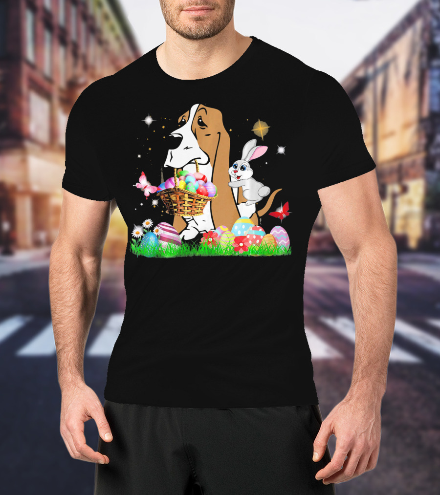 Basset Hound With Easter Eggs Basket And Bunny Surrounded By Colorful Eggs And Flowers T-Shirt