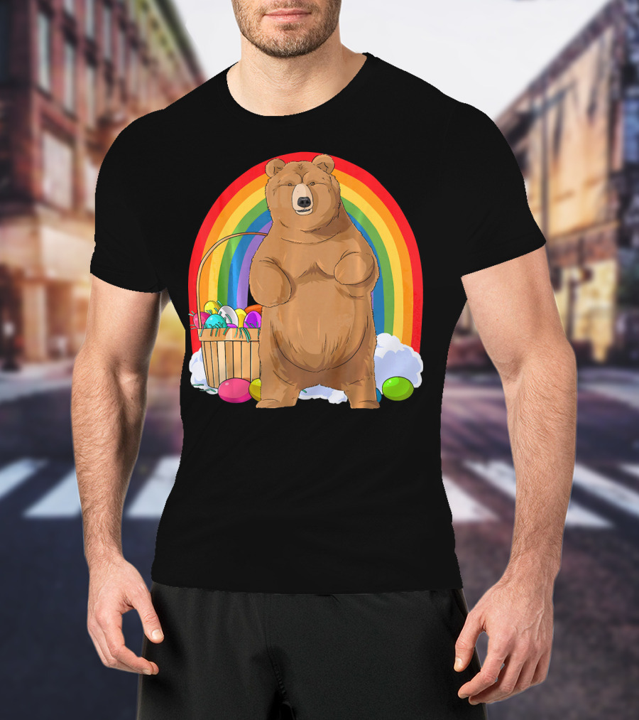 Bear With Easter Egg Basket And Rainbow Background T-Shirt