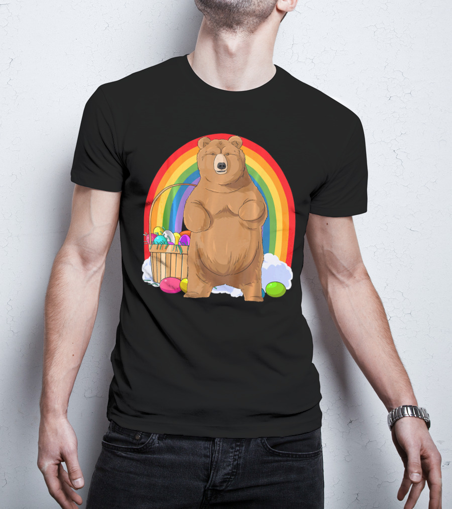 Bear With Easter Egg Basket And Rainbow Background T-Shirt