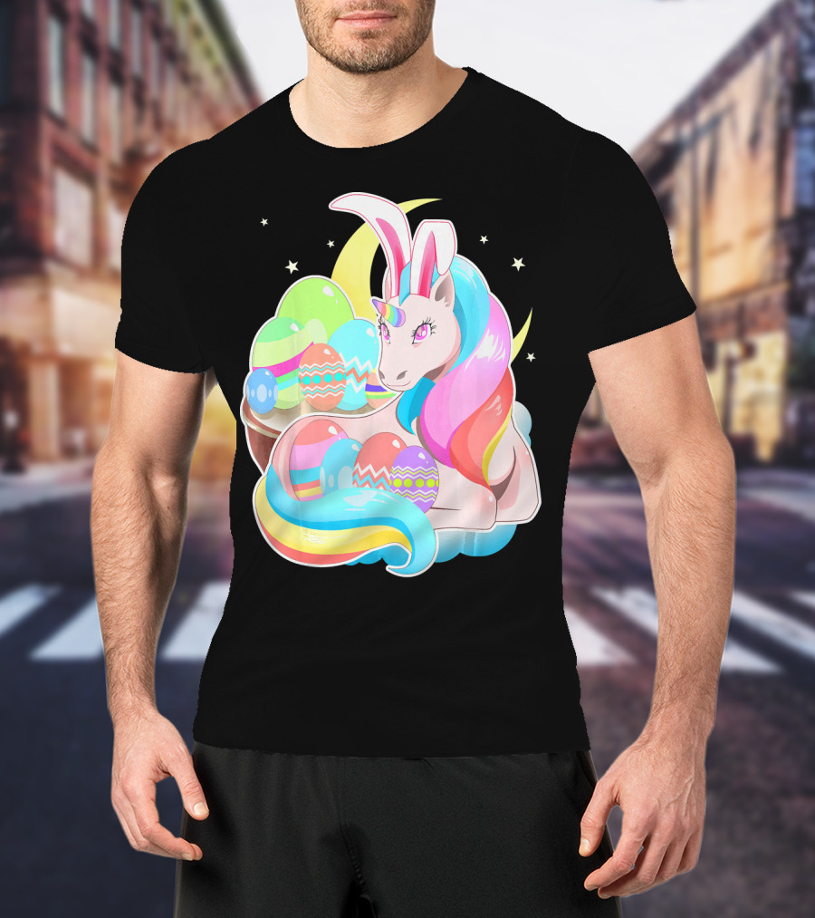 Unicorn Easter Bunny Ears Holiday Pastel Eggs And Moon Stars T-Shirt