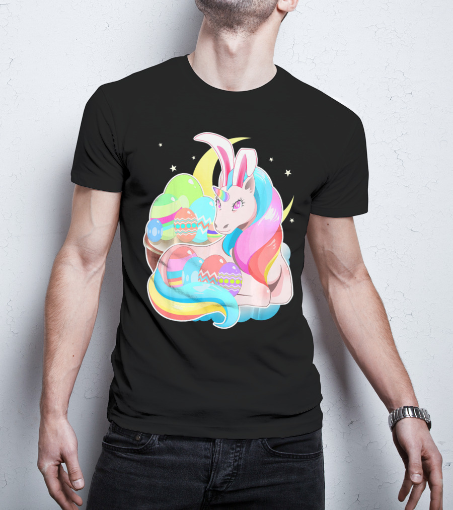 Unicorn Easter Bunny Ears Holiday Pastel Eggs And Moon Stars T-Shirt
