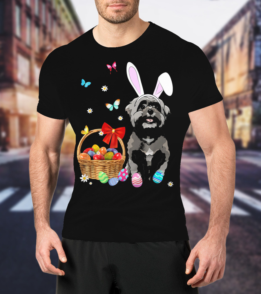 Shih Tzu With Bunny Ears And Easter Egg Basket With Butterflies And Flowers T-Shirt