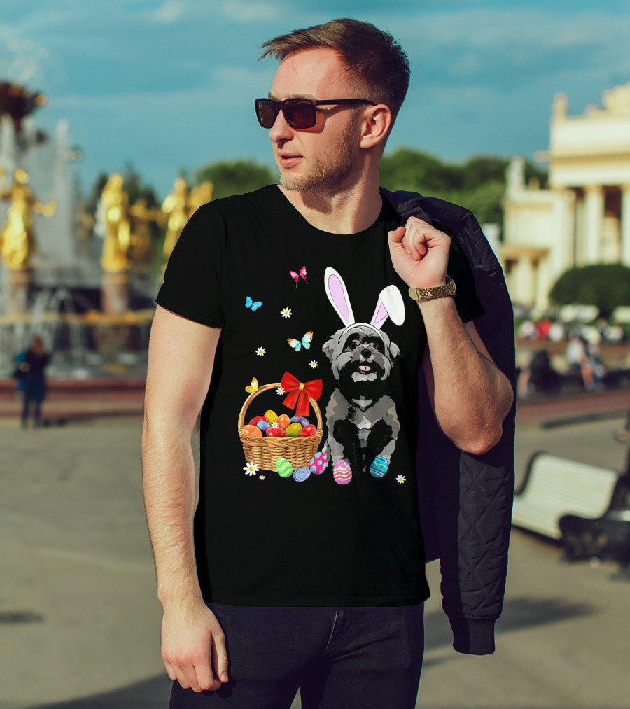 Shih Tzu With Bunny Ears And Easter Egg Basket With Butterflies And Flowers T-Shirt