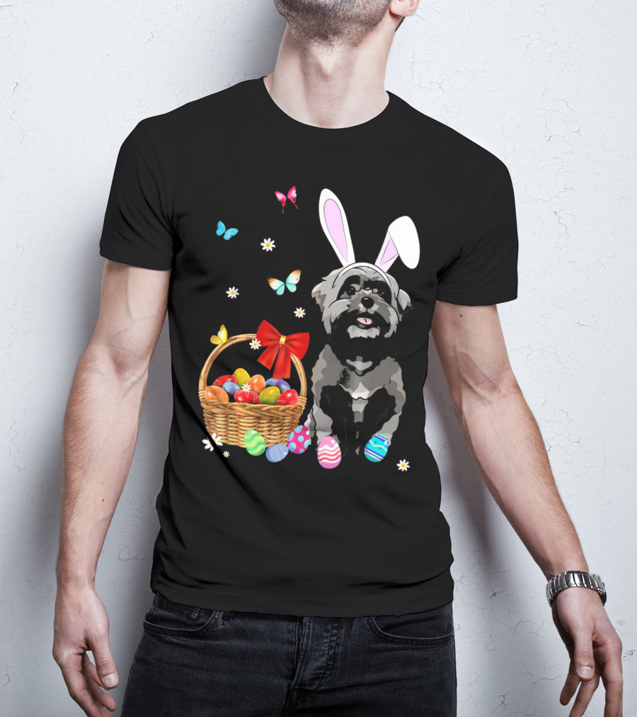 Shih Tzu With Bunny Ears And Easter Egg Basket With Butterflies And Flowers T-Shirt