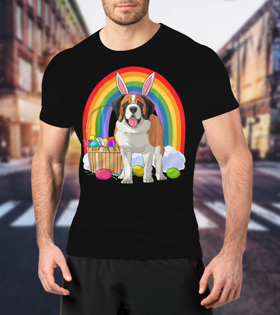 Saint Bernard Bunny Dog With Easter Eggs And Rainbow T-Shirt