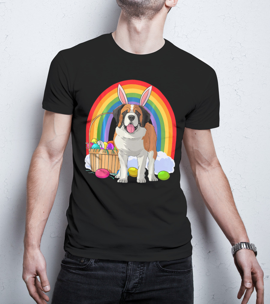 Saint Bernard Bunny Dog With Easter Eggs And Rainbow T-Shirt