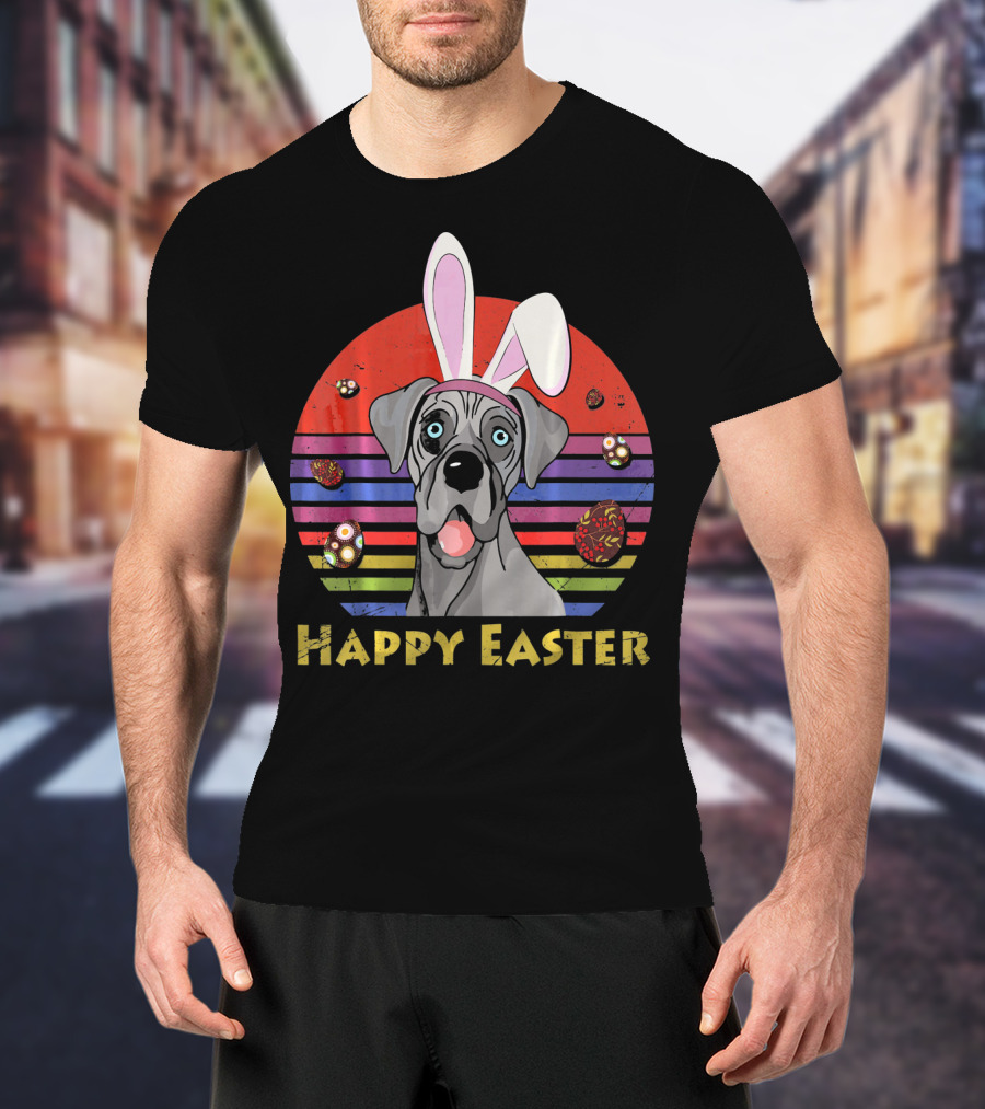 Great Dane With Bunny Headband Happy Easter Stripes And Eggs T-Shirt