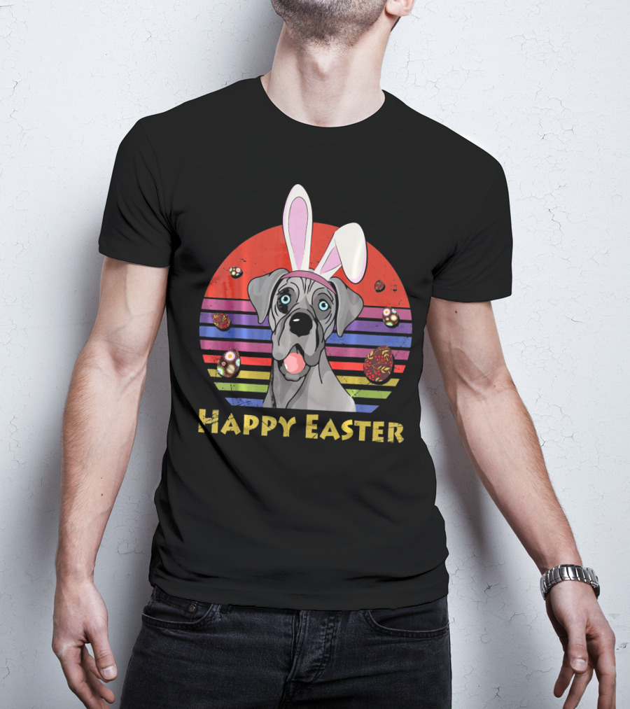 Great Dane With Bunny Headband Happy Easter Stripes And Eggs T-Shirt