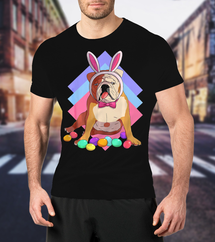 Easter Eggs Bulldog With Bunny Ears And Bowtie T-Shirt
