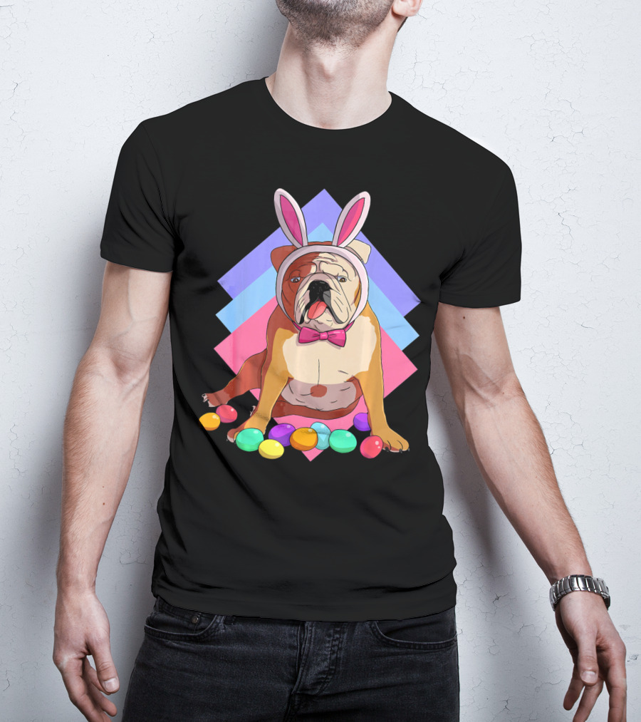 Easter Eggs Bulldog With Bunny Ears And Bowtie T-Shirt