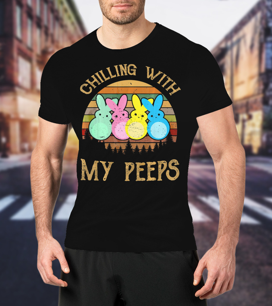 Chilling With My Peeps Vintage Easter Bun Bunnies Retro Sunset Stripes T-Shirt