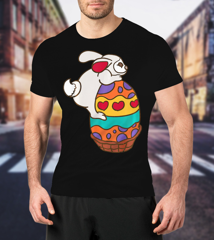 Easter Bunny Hugging Colorful Heart Patterned Egg T-Shirt