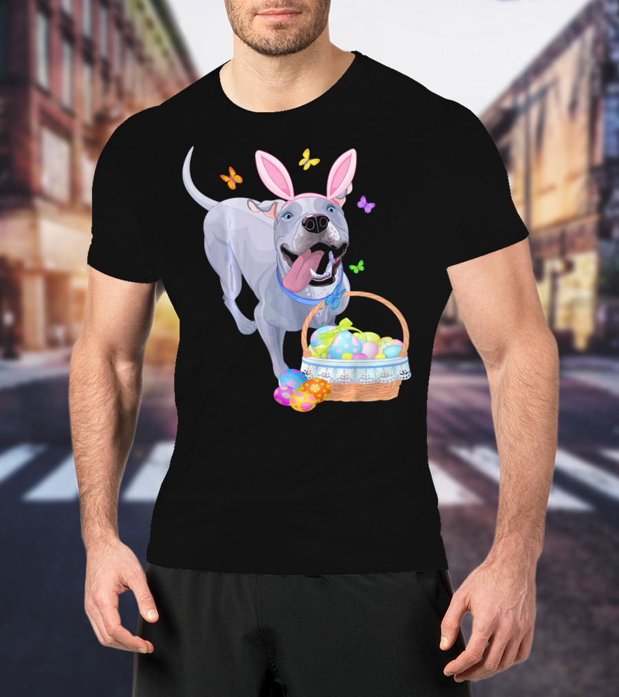 Gray Pit Bull Puppy With Bunny Ears And Easter Basket T-Shirt