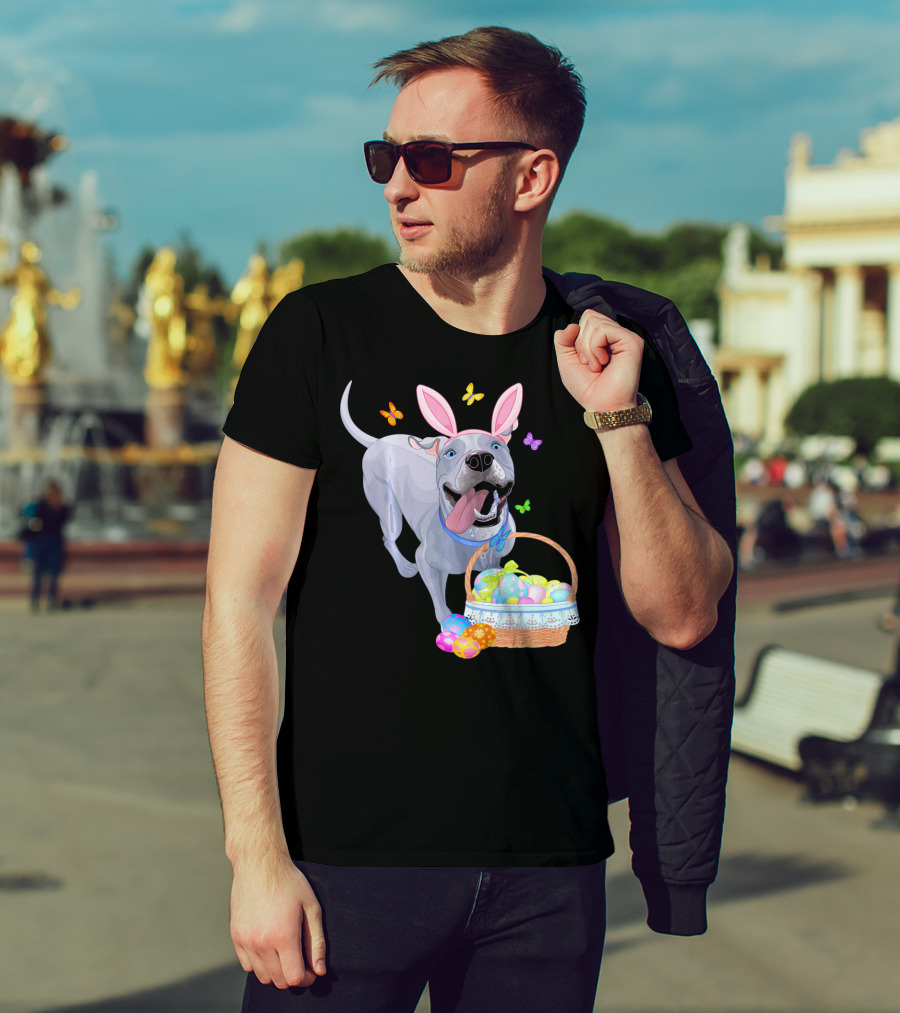 Gray Pit Bull Puppy With Bunny Ears And Easter Basket T-Shirt