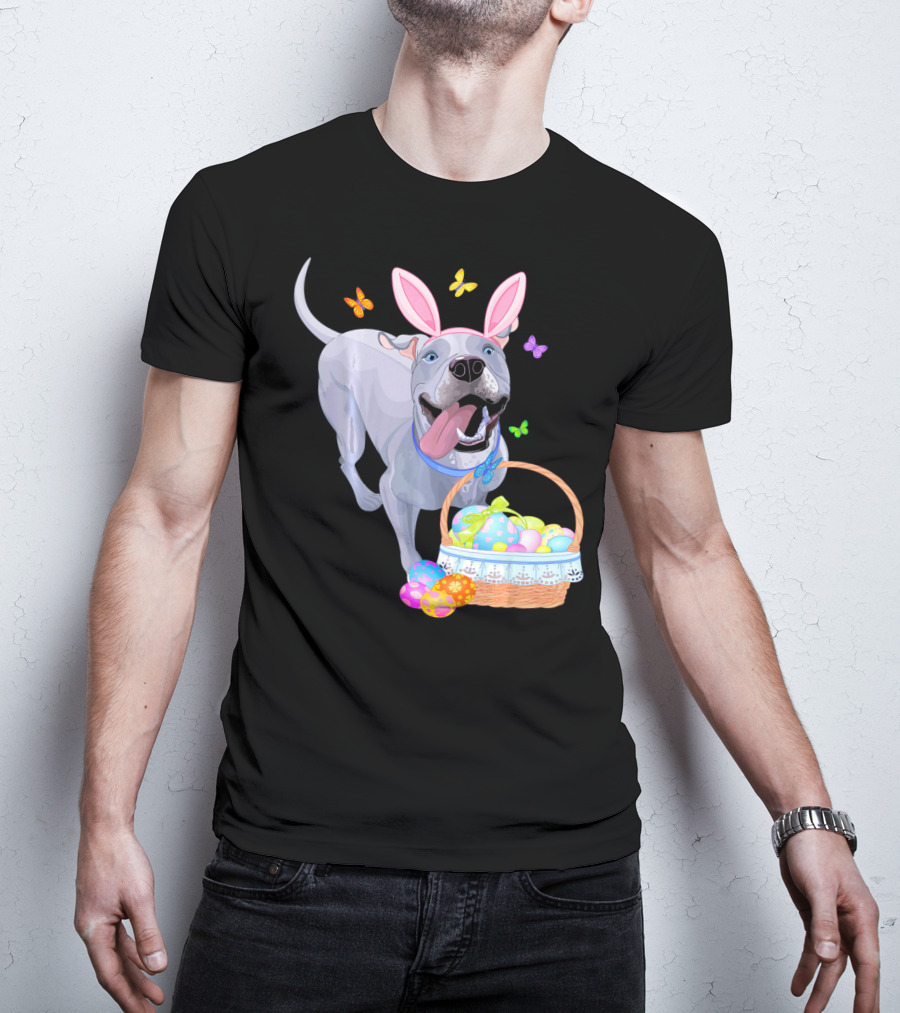 Gray Pit Bull Puppy With Bunny Ears And Easter Basket T-Shirt