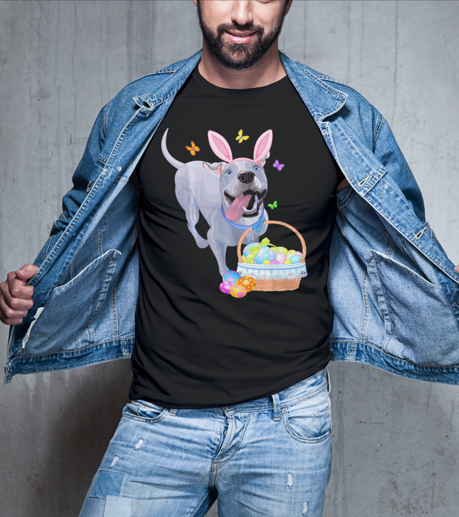Gray Pit Bull Puppy With Bunny Ears And Easter Basket T-Shirt