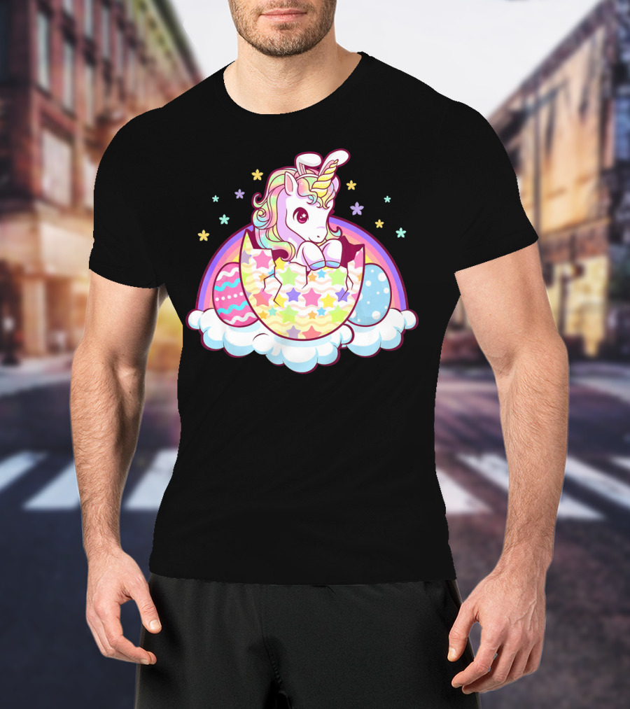 Easter Unicorn Hatching From Egg With Rainbow And Stars T-Shirt