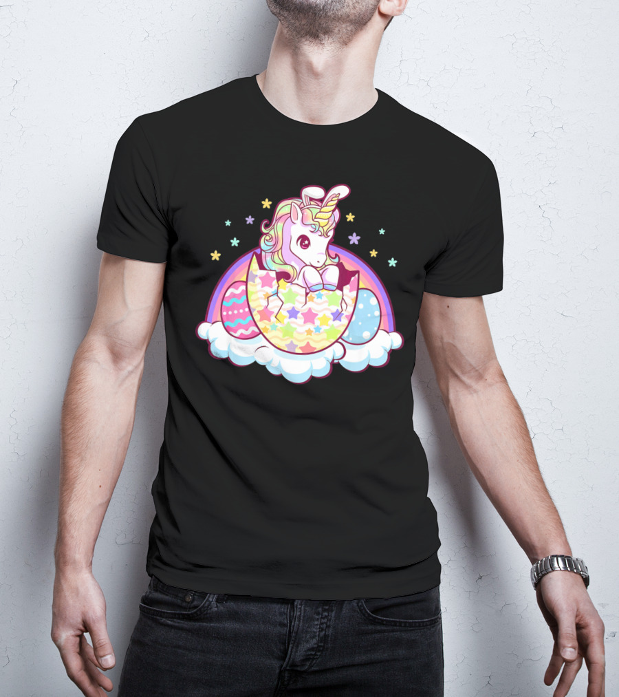 Easter Unicorn Hatching From Egg With Rainbow And Stars T-Shirt