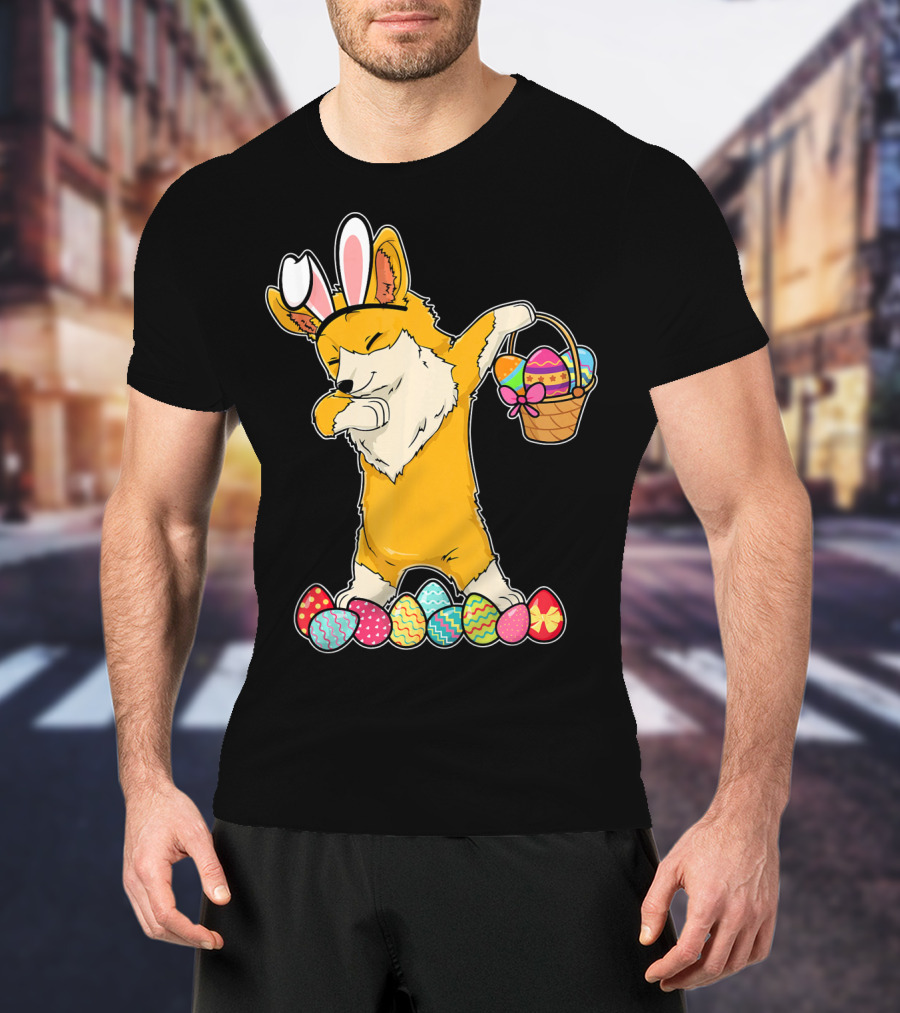 Corgi Dabbing Easter Basket Bunny Ears Eggs T-Shirt