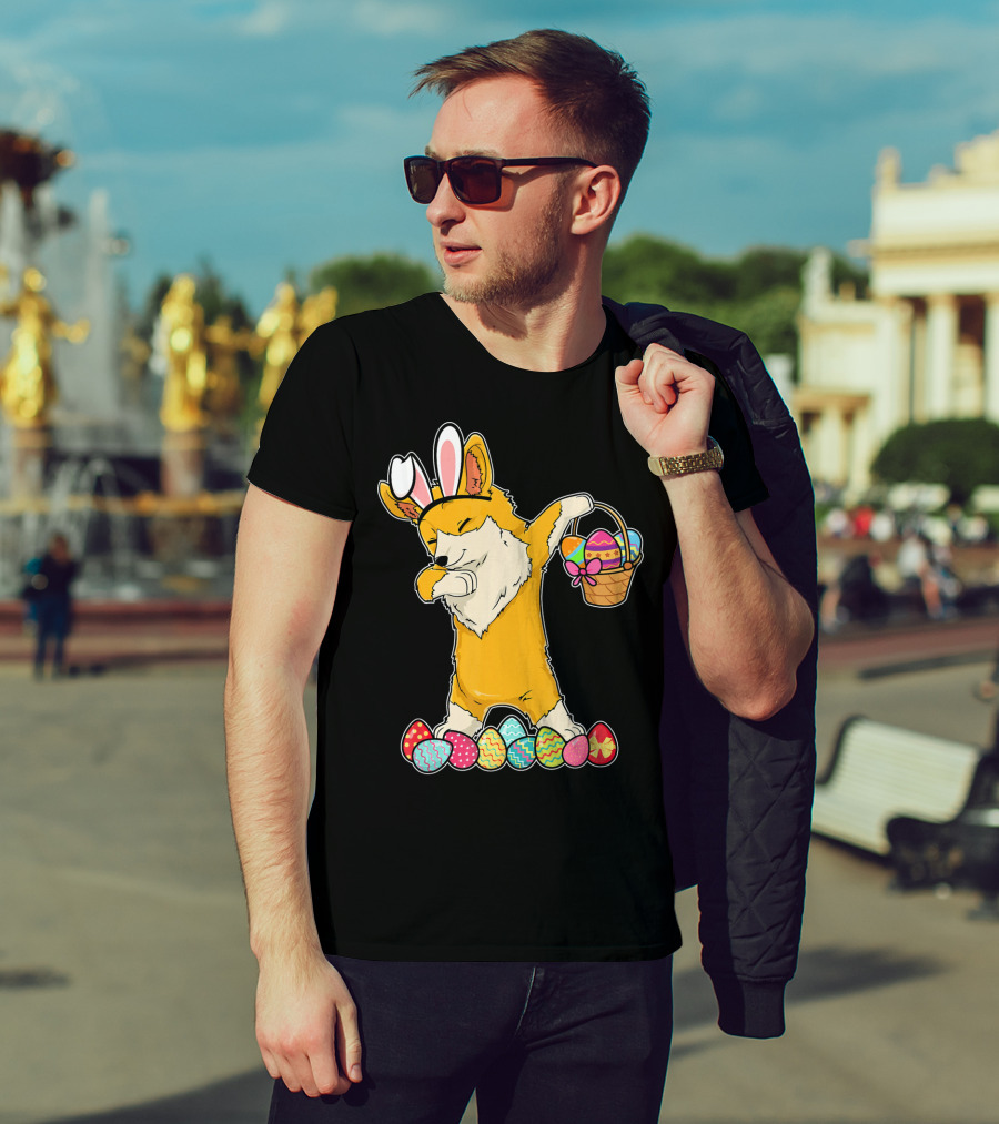 Corgi Dabbing Easter Basket Bunny Ears Eggs T-Shirt