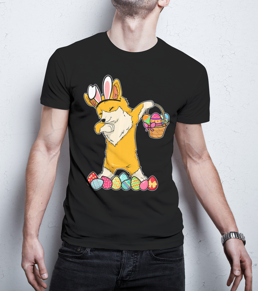 Corgi Dabbing Easter Basket Bunny Ears Eggs T-Shirt