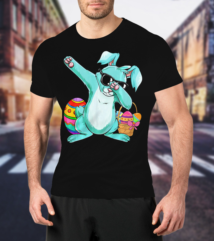 Bunny Dabbing Rabbit Funny Easter Day With Colorful Egg And Sunglasses T-Shirt