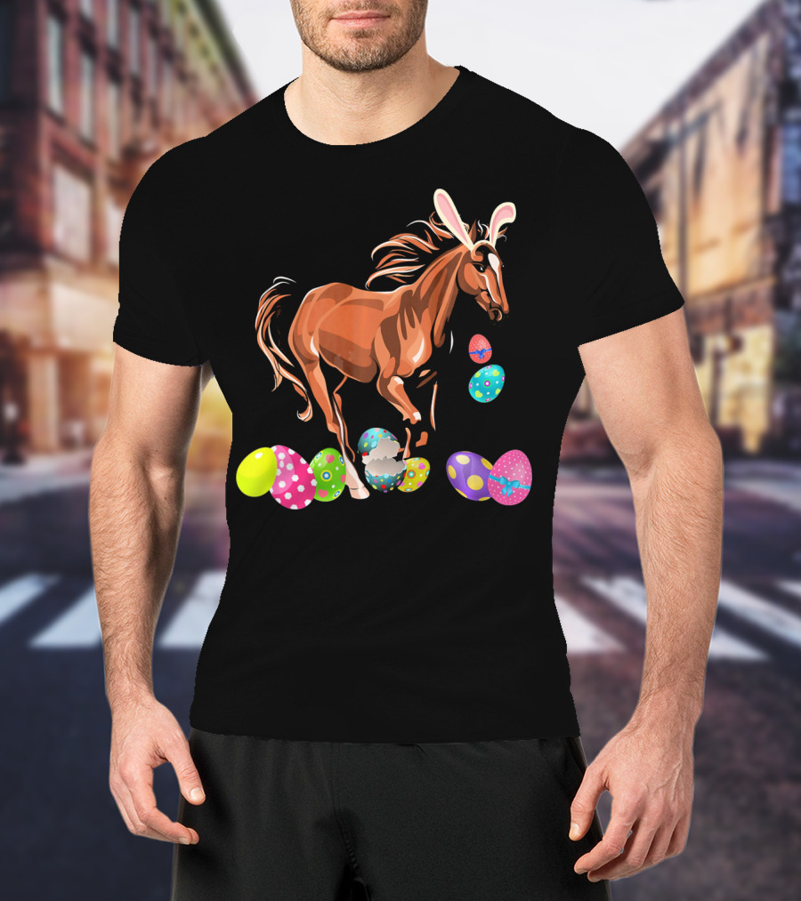 Horse With Bunny Ears Among Colorful Easter Eggs T-Shirt