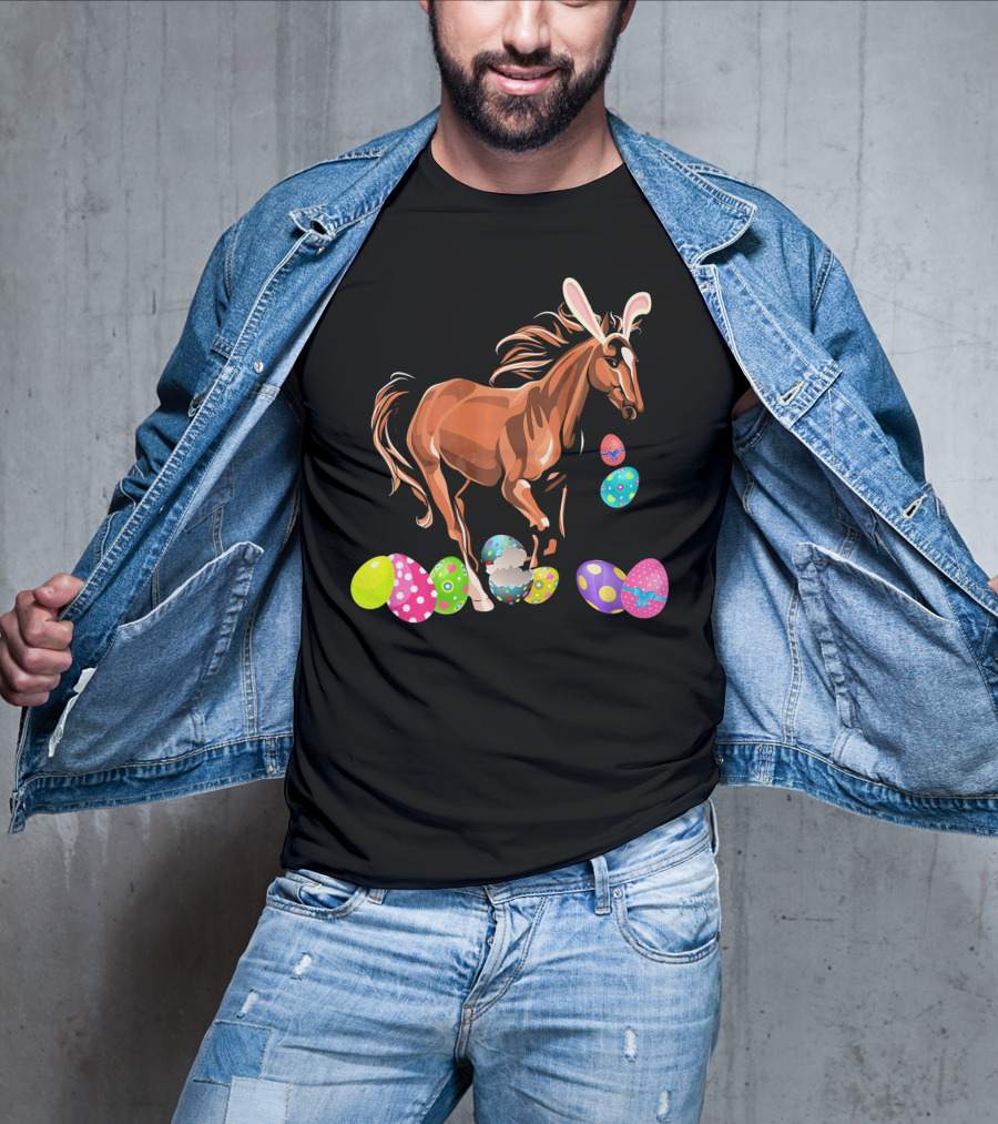 Horse With Bunny Ears Among Colorful Easter Eggs T-Shirt