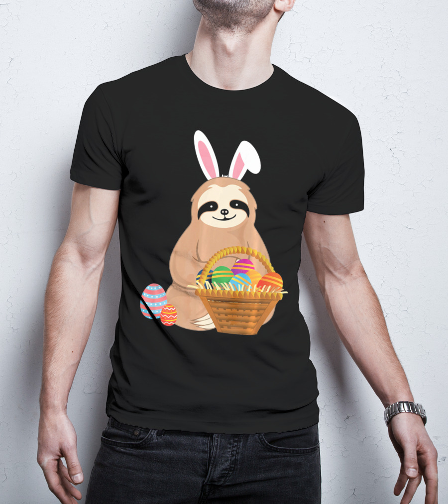 Easter Sloth Bunny With Colorful Eggs Basket T-Shirt